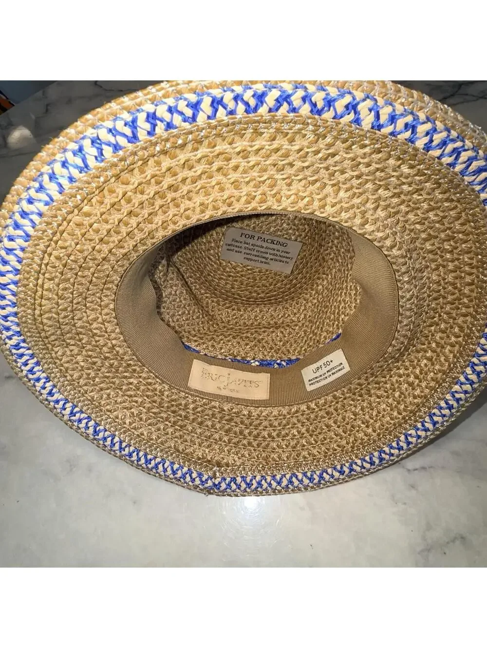 Eric Javits Woven Raffia Straw Hat UPF 50+ Packable Squishee Bucket Beige Blue - Picture 8 of 8